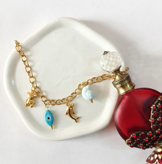 Cute 18K Gold Dolphin Charm Bracelet – Evil Eye & Teddy Design