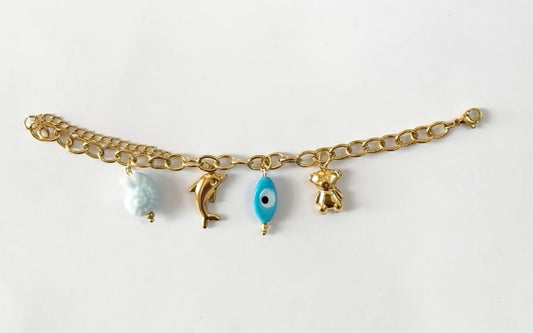 Cute 18K Gold Dolphin Charm Bracelet – Evil Eye & Teddy Design