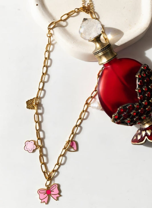 Cute 18K Gold Charm Necklace – Korean Style Bow & Heart Design