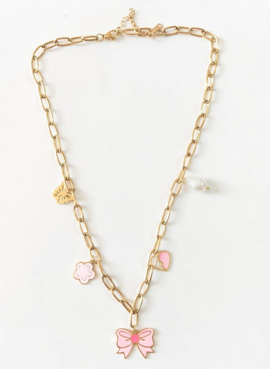 Cute 18K Gold Charm Necklace – Korean Style Bow & Heart Design