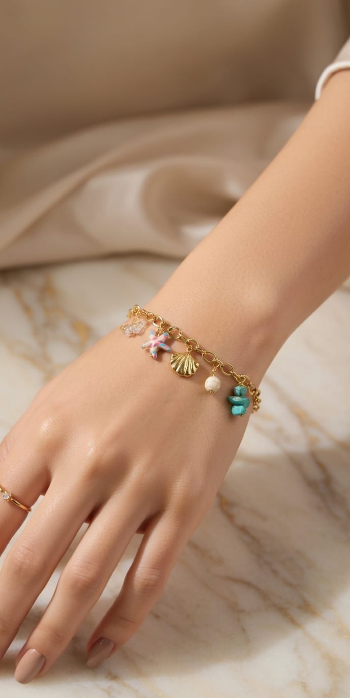 Cute 18K Gold Sea Charm Bracelet – Shell & Starfish Design
